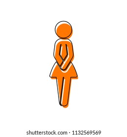 Female silhouette, woman icon. Isolated icon consisting of black thin contour and orange moved filling on different layers. White background