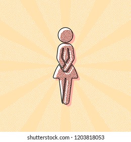 Female silhouette, woman icon. Vintage retro typography with offset printing effect. Dots poster with comics pop art background
