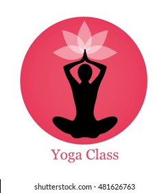 female silhouette yoga. Above her head, a lotus flower. Silhouette sits on a background of pink circle

