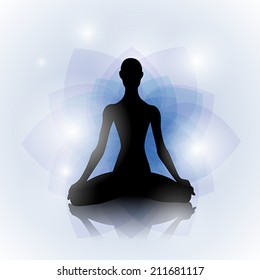 Female silhouette in yoga pose on abstract lotus background