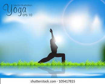 Female silhouette in yoga posture in nature background. EPS 10.