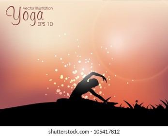 Female Silhouette In Yoga Posture On Evening Background. EPS 10.