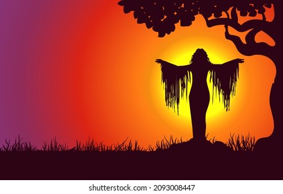 Female silhouette. Zodiac sign and symbol on sunset landscape background illustration for banner, wallpaper, background. Vector graphic eps 10.