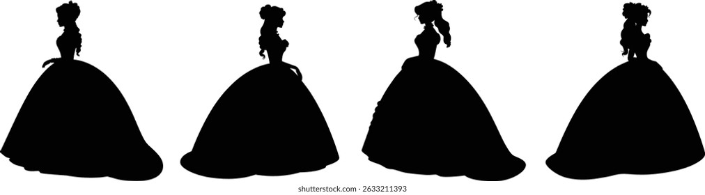 Silhuetas femininas em vestidos de bola, Silhueta de vestido de princesa vitoriana, Vintage pose vista lateral da mulher, Silhueta preta da senhora histórica