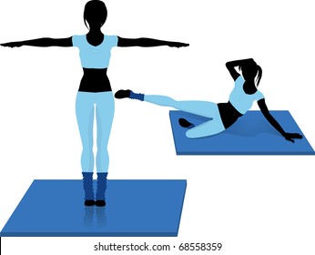 female silhouettes in blue gym clothes doing sports stretches on mats
