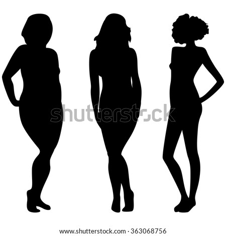 Female silhouettes with different weight and figures isolated over white, hand drawing vector illustration