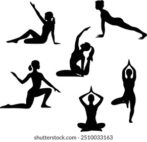 Female Silhouettes Doing Yoga Poses and Mandala Design - yoga practice silhouette	
