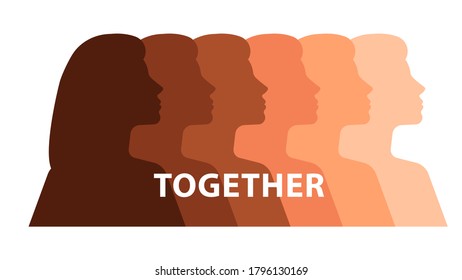 Female silhouettes pastel colors. Gradient effect by face shape. Inscription Together. The concept of feminism, unity, equality, communication.