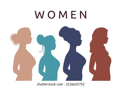 Female silhouettes in profile. Group of women of different ethnicities and cultures together. Women text. Vector flat illustration.