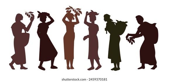 Female silhouettes set with coffee beans, vector illustration isolated on a white background. Outline silhouettes of woman picking coffee beans for packaging and decoration.