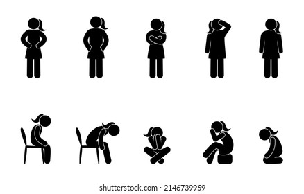 female silhouettes, a set of various poses, a woman is sitting, a girl is standing, hand gestures, isolated stick figure human icons