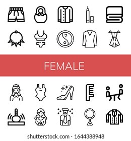 female simple icons set. Contains such icons as Swimsuit, Necklace, Matryoshka, Bikini, Cardigan, Yin yang, Eyeliner, Blouse, Cover, Dress, can be used for web, mobile and logo