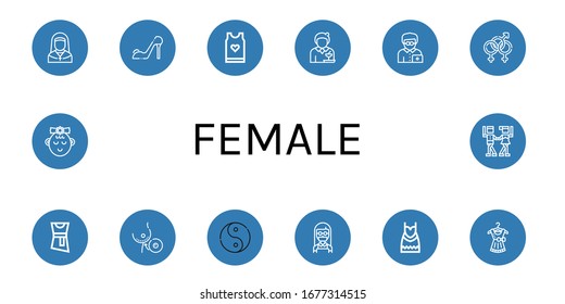 female simple icons set. Contains such icons as Nun, High heels, Tank top, Waitress, Office worker, Bisexual, Blouse, Breast implant, Ying yang, can be used for web, mobile and logo