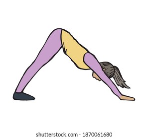 Female in simple yoga position hand drawn single illustration. Gymnastic woman with beautiful body exercise in gym original pen drawing.