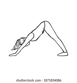 Female in simple yoga position hand drawn single outline illustration. Gymnastic woman with beautiful body exercise in gym original pen drawing symbol decoration.