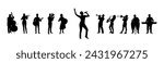 Female singer accompanied by musician band performing on stage vector silhouette. Female singer singing song with street musicians playing various musical instruments accompanying her silhouettes set.