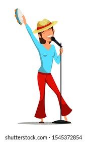 Female singer flat character. Cheerful young woman musical performance isolated on white background. Folk musician singing in retro casual clothes. Lady holding tambourine and mic design element