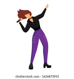 Female singer flat color vector illustration. Lead vocalist. Frontwoman. Musician. Music band member. Rock and roll. Woman with microphone. Concert, gig. Isolated cartoon character on white background