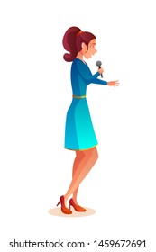 Female singer flat vector illustration. Attractive woman holding microphone and singing isolated cartoon character on white background. Girl in karaoke, musician performing on stage
