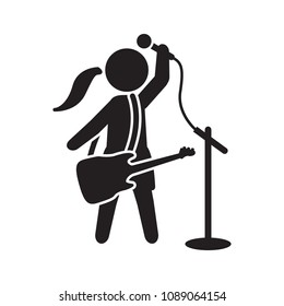 Female singer with guitar icon. Vector icon. 