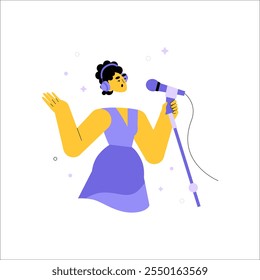 Cantante Femenina Que Sostiene El Micrófono Que Actúa En El Escenario En La Ilustración vectorial Plana Que Simboliza Música, Canto, Y Entretenimiento, Aislado En El Fondo Blanco