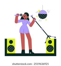 Cantante femenina sostiene el micrófono mientras actúa en el escenario con Grandes altavoces y bola de discoteca en el fondo, simbolizando la música en vivo y el ambiente de fiesta en una Ilustración vectorial plana.