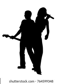 Female singer and male guitar player back to back 