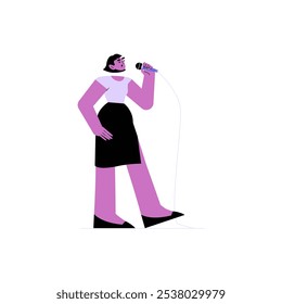 Cantante Femenina Con Micrófono En Ilustración vectorial Plana Que Simboliza El Rendimiento Musical Y El Entretenimiento, Aislado Sobre Fondo Blanco