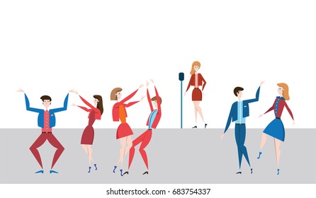 Female singer at the microphone on stage and happy dancing people, men and women. Vector illustration in flat style.