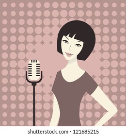 Female singer with microphone stand. Vector illustration.