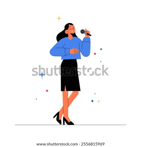 Female Singer Performing With Microphone In Flat Vector Illustration Symbolizing Music, Performance, And Artistry, Isolated On White Background.