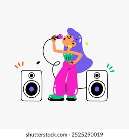 Cantante femenino que actúa con el micrófono y los altavoces en Ilustración vectorial plana que simbolizan música, funcionamiento, y diversión, aislados en el fondo blanco