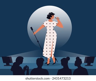 Cantante femenina en el concepto de escena. Mujer cantando con micrófono en el escenario. Talentosos artistas y músicos actúan desde el público. Concierto de jazz, evento y espectáculo. Ilustración de vector plano de dibujos animados