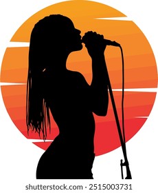 Female Singer Silhouette Performing with Microphone in Front of a Vibrant Sunset Background.