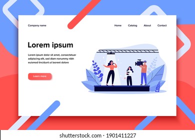 Female singer singing song on camera. Stage, artist, operator flat vector illustration. Entertainment and performance concept for banner, website design or landing web page