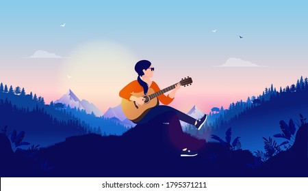 Cantante y compositora femenina - Mujer tocando guitarra tarde con naturaleza y puesta de sol en el fondo. Ilustración vectorial.