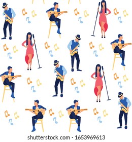 Female Singers and Male Musicians Isolated on white Background Seamless Pattern Flat Cartoon Vector Illustration. Man and Woman Singing and Playing Guitar, Saxophone. Music Band with Notes.