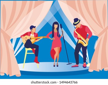 Female Singers and Male Musicians Performing Jazz on Stage with Curtains Flat Cartoon Vector Illustration. Woman Singing and Man Playing Guitar Sitting on Chair and Boy on Saxophone. Music Band.