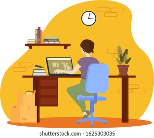 Female sit back work space office worker computer person type text