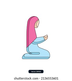 Female sit and pray icon. Ramadan, Islamic holiday symbols collection. Islamic icons, Muslim day signs icon isolated on white background. Quran Book, Traditional Lanterns. eps 10.