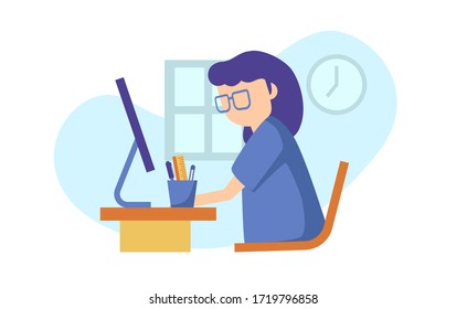 female sit and watch computer. study and work from home. freelance work on the desk. flat design illustration