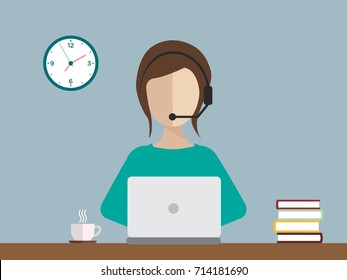 Female Sitting Behind A Computer With Headset - Interpreter Icon And Background - Vector Illustration