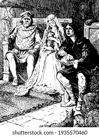 A female sitting in between two men, and she holding pet animal in hands, vintage line drawing or engraving illustration