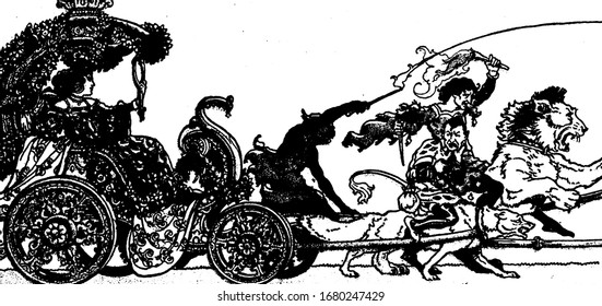 A female sitting in chariot driven by an animal and looking into mirror, a man riding on the lion and holding fire stick and sword in hands, vintage line drawing or engraving illustration