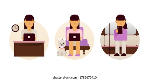 Female Sitting at Desk Learn and Work in Office, at Home, in Public Transport Online Through Laptop and Smartphone. Learning and Working Concept. Woman Self Isolation. Cartoon Vector Illustration.