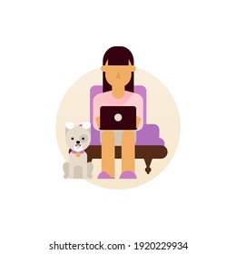 Female Sitting at Desk Learn and Work at Home Online Through Laptop. Learning and Working Concept. Woman Self Isolation. Cartoon Vector Illustration.