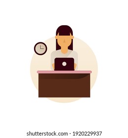 Female Sitting at Desk Learn and Work in Office Online Through Laptop. Learning and Working Concept. Woman Self Isolation. Cartoon Vector Illustration.