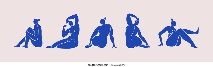 Female sitting figures inspired by Henri Matisse. Cut out blue female full bodies in various poses. Contemporary vector art isolated on white background.