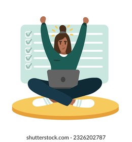 Female sitting, holding laptop, looking at screen and celebrating success at work. Increasing capital and profits when working. Vector flat illustration in blue and yellow colors