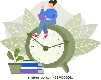 Mujer sentada en reloj y trabajando en laptop. Ilustración de manejo del tiempo con personaje de dibujos animados haciendo trabajo o estudiando a tiempo. Ilustración vectorial en diseño plano, de colores verde y azul